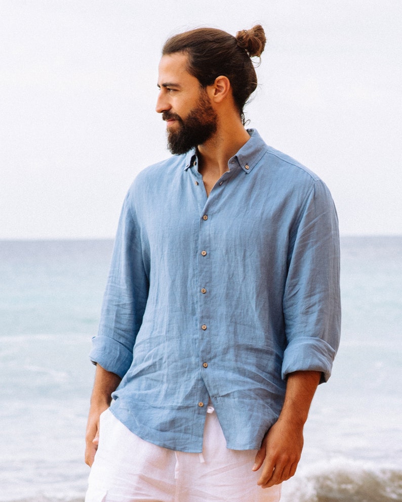 Linen shirt for men NEVADA. Long sleeve, classic linen shirt with buttons. Summer shirt. Linen clothing for men Ocean blue