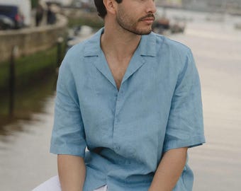 Mens Linen Camp Collar Shirt – Short Sleeve Blue Shirt – Relaxed Fit Summer Shirt – Breathable Resort Wear – Vacation Outfit KEY WEST