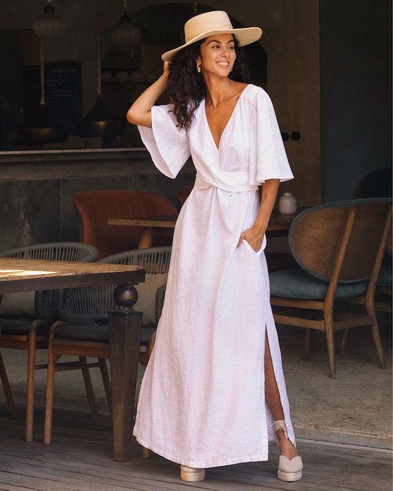 White Linen Wrap Dress – Maxi Boho Wedding Guest Dress – Minimalist Summer  Bridal Gown – Resortwear V Neck Long Sleeve Easy Outfit AGRA