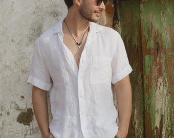 White Linen Shirt for Men - Short Sleeve Shirt for Men - Relaxed Fit Summer Shirt - Breathable Button Up - Smart Casual Travel Wear DENVER