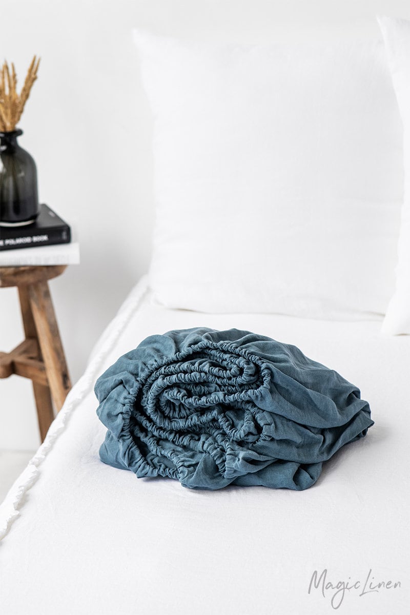 Drap-Housse en Lin Gris Bleu. Draps de Maison. King, Queen, Drap Lit Taille Personnalisée.