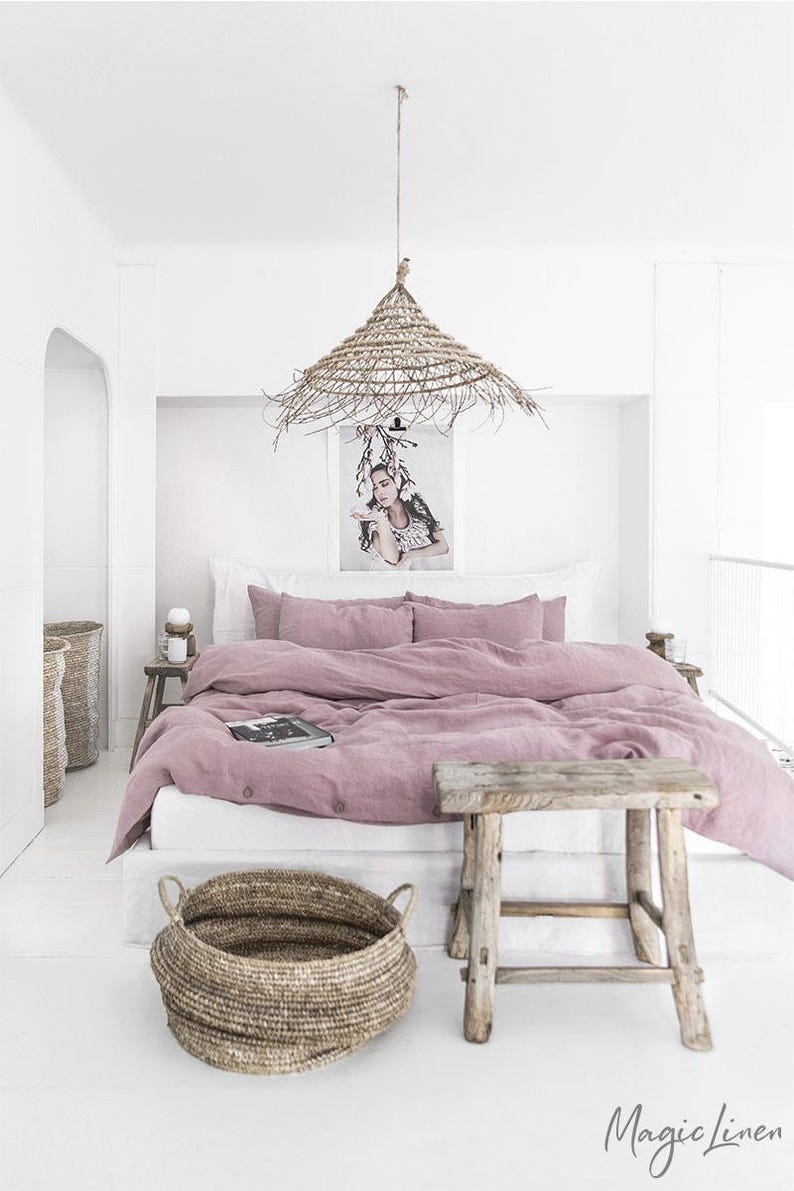 Woodrose linnen lakenset – stoffig roze stonewashed beddengoed – ademend plat laken, hoeslaken en kussenslopen – puur OEKO-TEX gecertificeerd linnen afbeelding 2