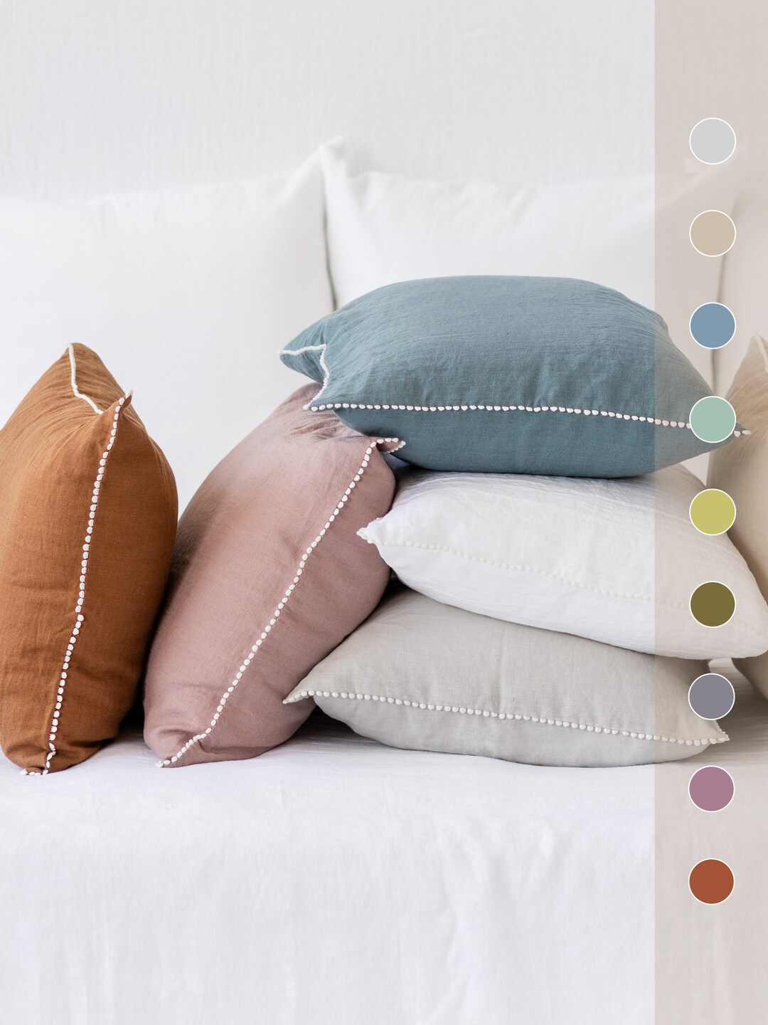 Pom Pom Pillowcase. Linen Pillow Cover. Handmade Farmhouse Pillow Case. Standard Queen King