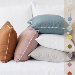 Pom pom pillowcase. Linen pillow cover. Handmade farmhouse pillow case. Standard queen king custom size. Pillow covers 20x20