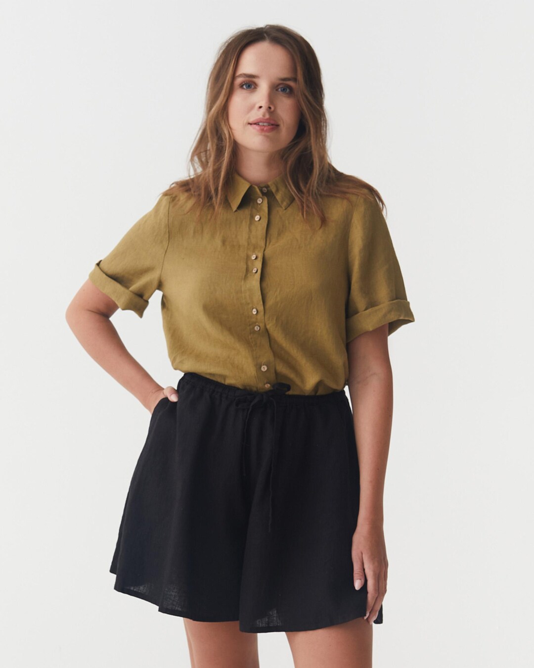 Short En Lin Pour Femme Avec Cordon De Serrage élastique Taille