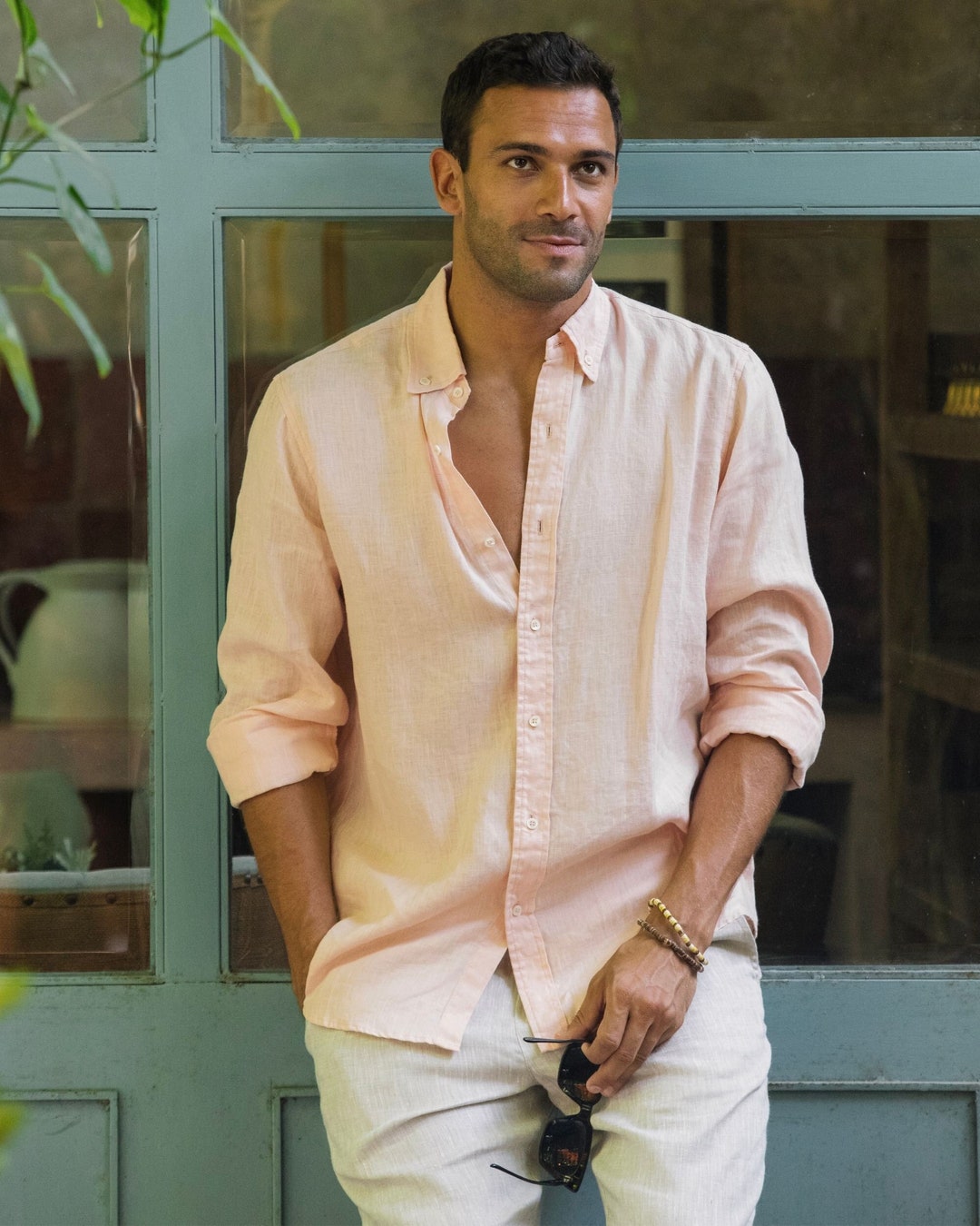 pink linen dress shirt Joseph Turner Linen Grandad Collar Shirt