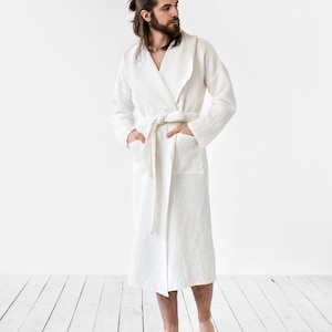 Men's linen waffle robe / Unisex linen robe / Waffle bath robe for men / Loungwear for men White