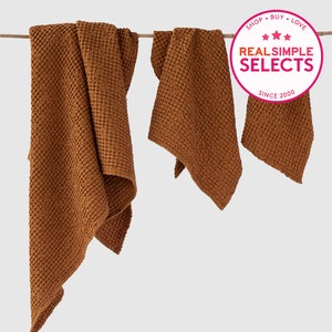 Cinnamon Linen Waffle Towel Set – Quick Dry Spa Towels for Body, Hand, Face – Earth Tone Exfoliating Bath Towels – Sustainable Gift Idea