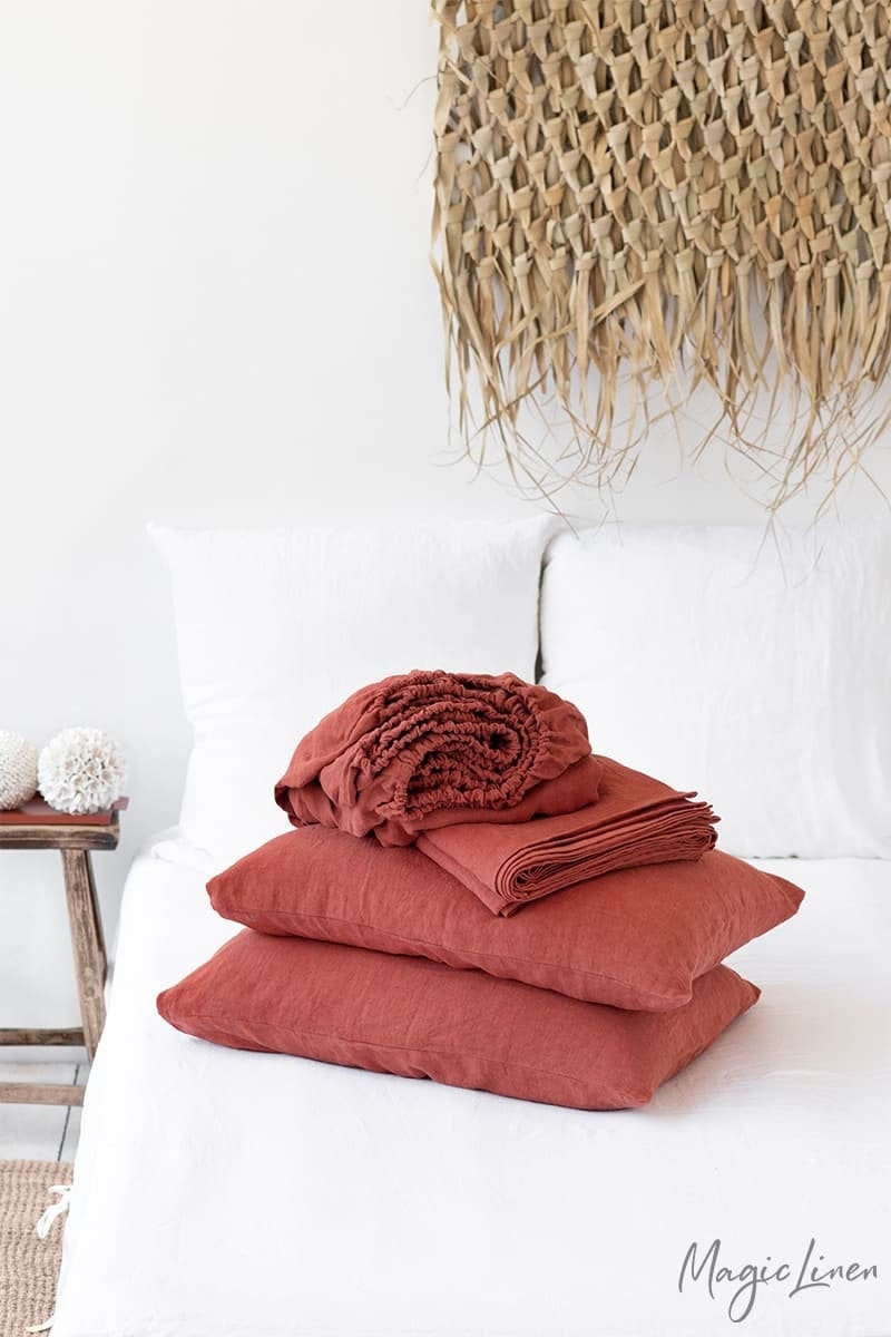 Drap de Lin Couleur Argile. Drap-Housse, Drap Plat, 2 Taies d'oreiller. Draps, King/Queen Size.