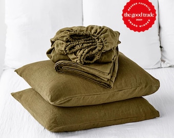 Olive Green Linen Sheet Set – Earthy Stonewashed Bedding – Breathable Flat Sheet, Fitted Sheet, Pillowcases – Pure OEKO-TEX Certified Linen