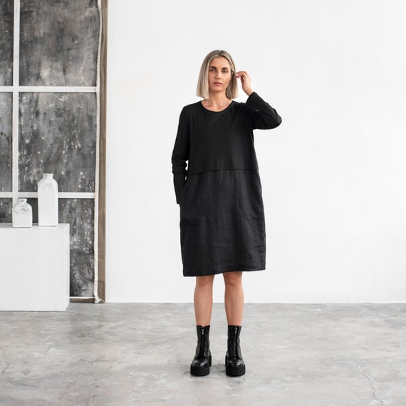 black cotton knee length dress justHIGH Women Cotton Linen Dress 2026 Summer Short Sleeve V Neck Knee  Length Dresses with Pockets Casual Vacation Beach Dress Black,L