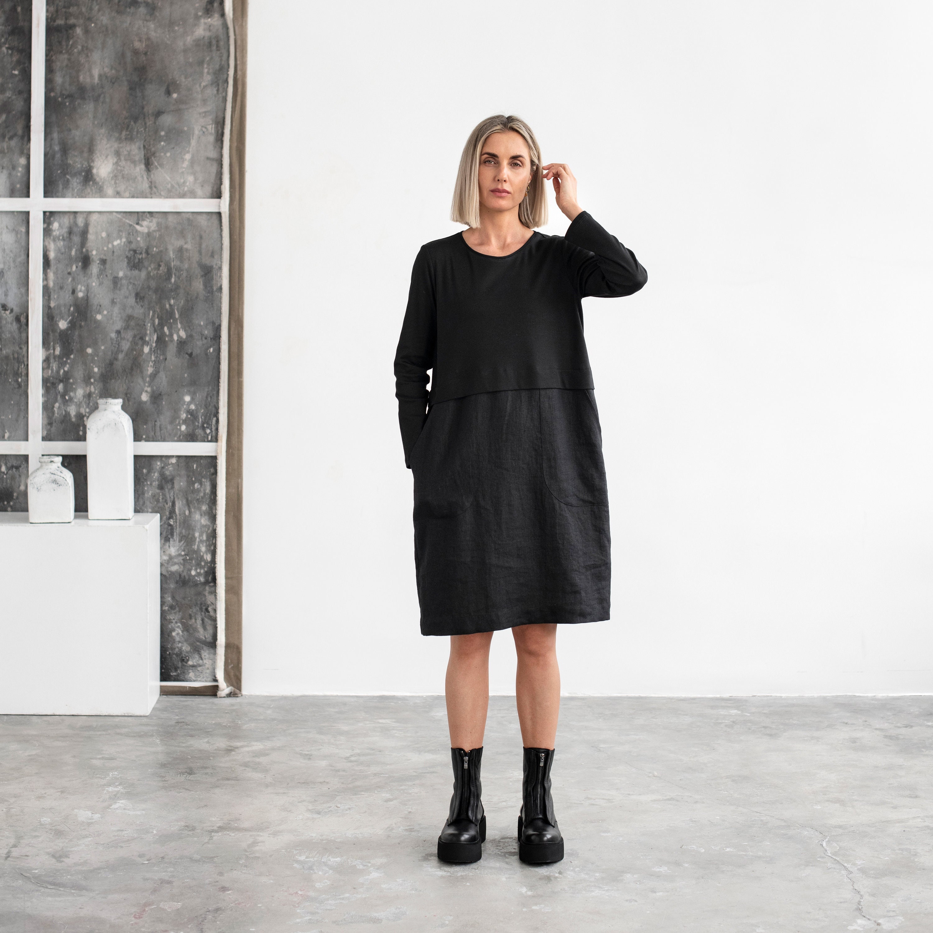 Black Linen Midi Dress - Loose Fit Knee Length Dress - Soft Cotton Top Linen Skirt - Casual Ethical Vacation Clothing SION Black Linen Midi Dress - Loose Fit Knee Length Dress - Soft Cotton Top Linen Skirt - Casual Ethical Vacation Clothing SION