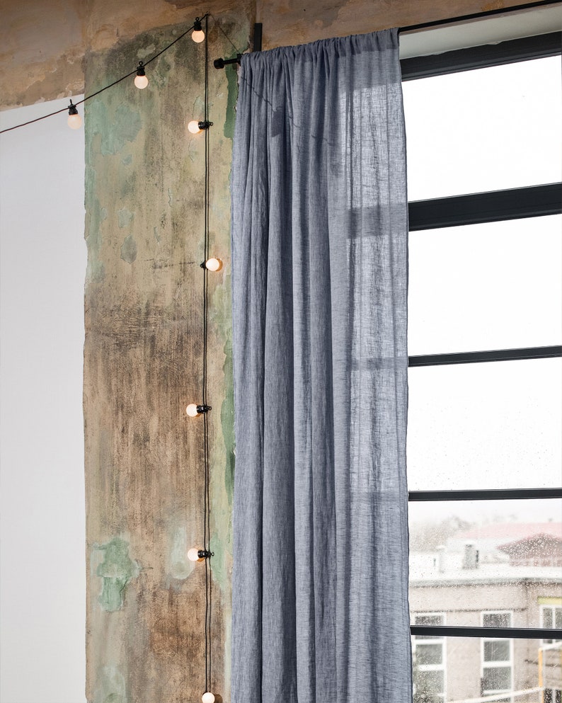 Rod pocket linen curtain panel in natural color 1 pcs. Semi-sheer linen drapes. Custom sizes Blue melange