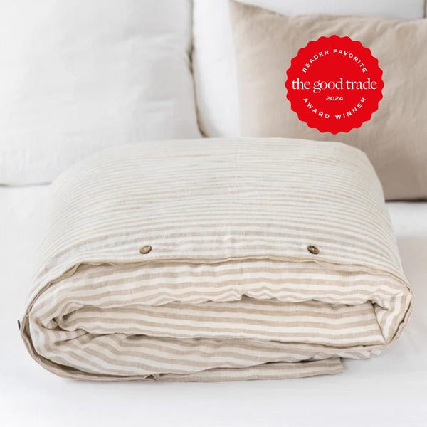 Natural Striped Linen Duvet Cover – Stonewashed Oatmeal Off White Bedding – Queen King Comforter – OEKO TEX Certified Midweight Linen Set