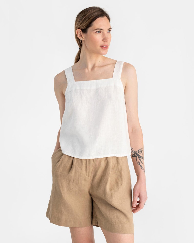 Sleeveless linen top OLINDA in Wheat. Linen blouse. Linen crop top. Basic linen top for women White