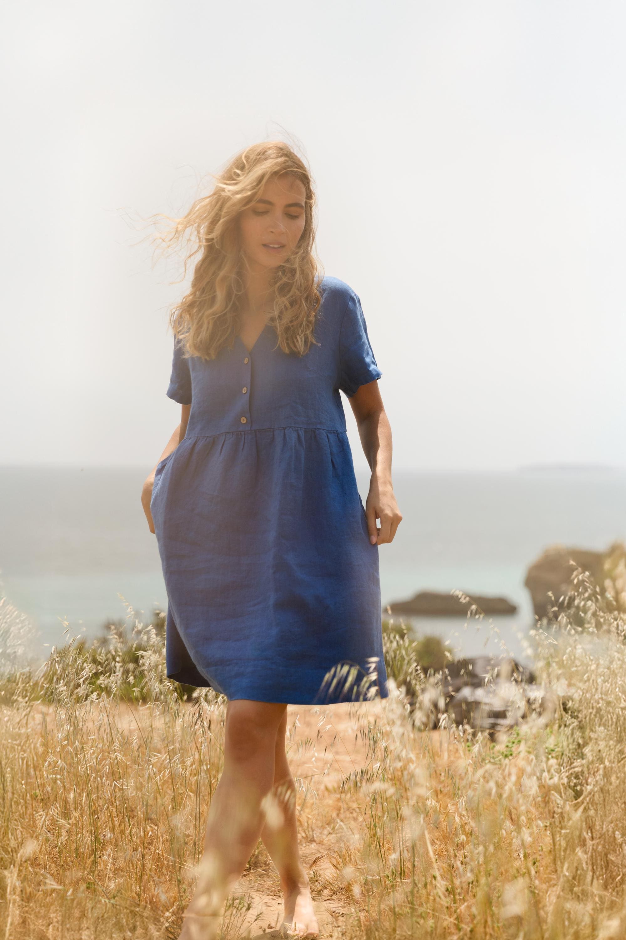 cobalt linen dress 100% Korean Linen Midi Dress with Pocket | Cobalt Blue S3XL