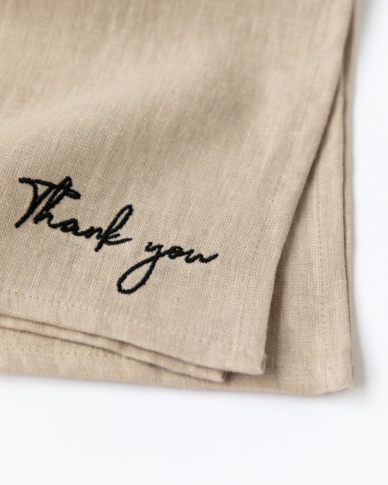 Embroidered linen napkin set of 4 / Thank you linen embroidery / Thanksgiving table decor image 3