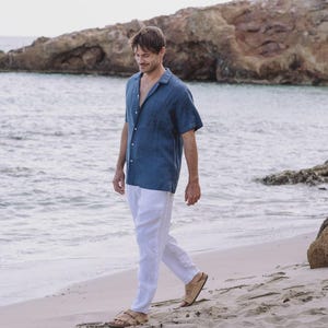 Mens Linen Pants – Cinnamon Trousers with Drawstring Waist and Cargo Pockets – Lightweight Wear - Breathable Outfit, Look TRUCKEE White