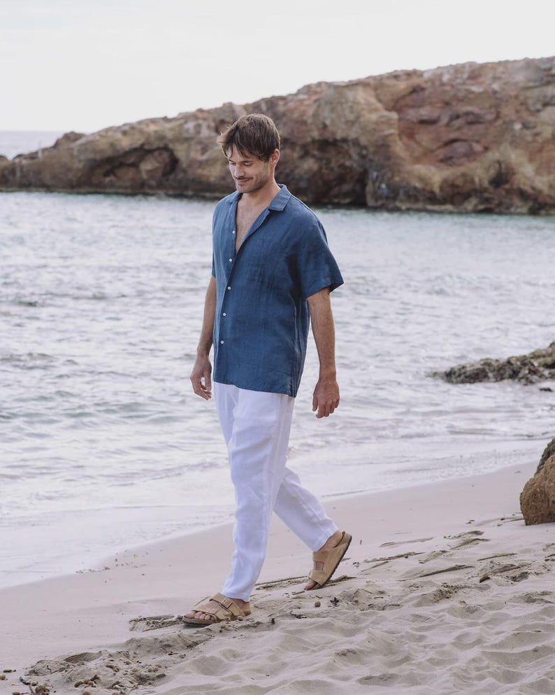 Mens Linen Pants – Cinnamon Trousers with Drawstring Waist and Cargo Pockets – Lightweight Wear - Breathable Outfit, Look TRUCKEE White
