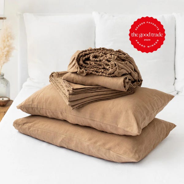 Latte Linen Sheet Set – Warm Neutral Stonewashed Bedding – Breathable Flat Sheet, Fitted Sheet. Pillowcases – Pure OEKO-TEX Certified Linen