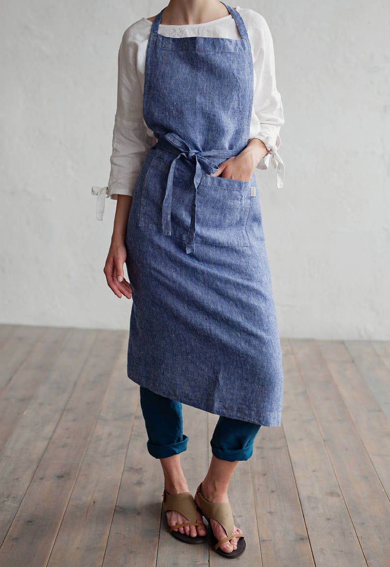 Linen Apron With Pockets in Blue Denim Texture. Linen Apron Etsy