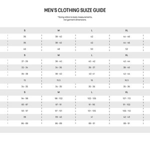 May include: A size chart for men's clothing with measurements in inches and centimeters. The chart includes sizes S, M, L, XL, and XXL. The measurements are for chest, waist, hip, neck, and arm length.