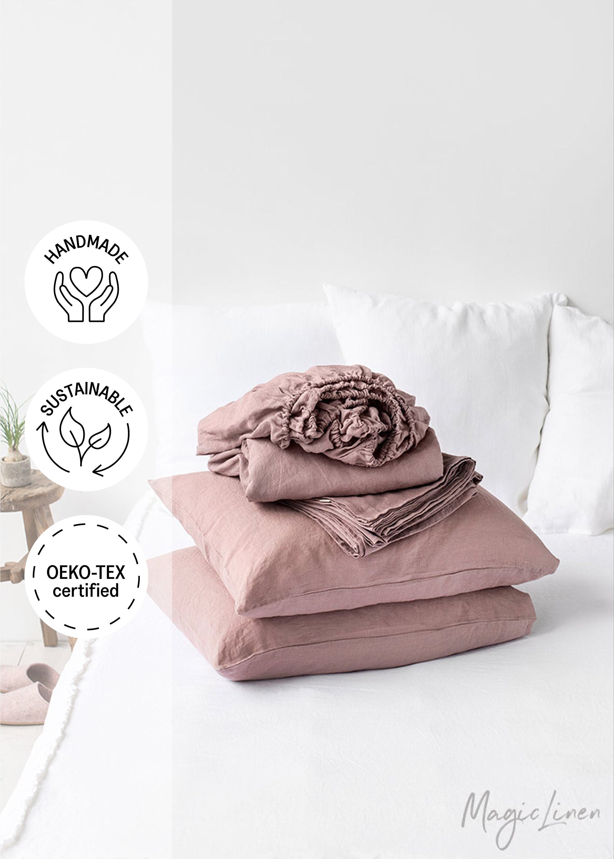 Drap de Lin Serti à Woodrose | Dusty Pink. Drap-Housse, Drap Plat, 2 Taies d'oreiller. Draps, King/Q