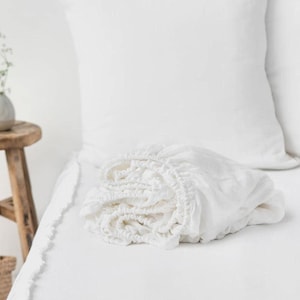 White Linen Fitted Sheet — Queen Fitted Sheet — King Bed Sheet — Deep Pocket Linen Sheet