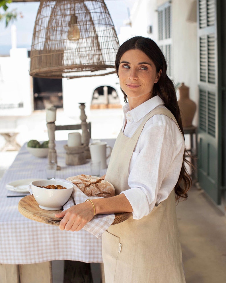 Pinafore linen apron. Japanese cross back apron. No ties linen aprons for women. Linen apron. Natural linen