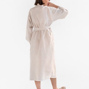 Linen robe MAJORCA in natural gingham Long sleeve linen dressing gown Spa sauna robe Robes for women image 8