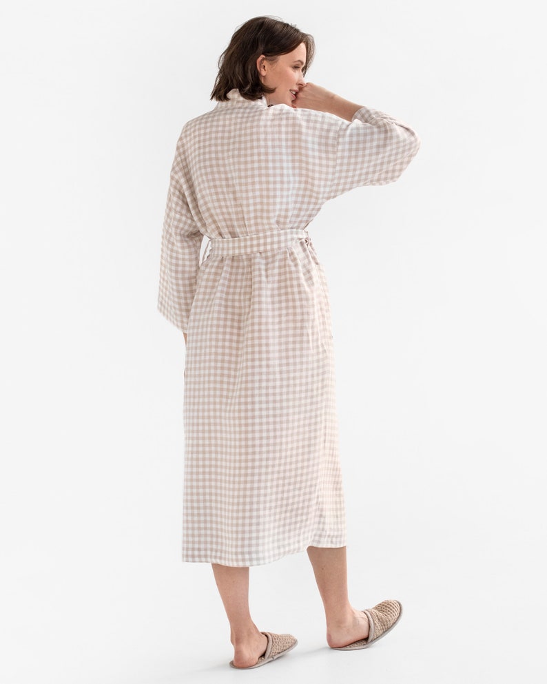 Linen robe MAJORCA in natural gingham Long sleeve linen dressing gown Spa sauna robe Robes for women image 8