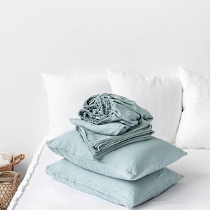 Juego de sábanas de lino azul polvoriento – Ropa de cama Coastal Stonewashed – Sábana encimera transpirable, sábana ajustable, fundas de almohada – Lino puro con certificación OEKO-TEX imagen 1