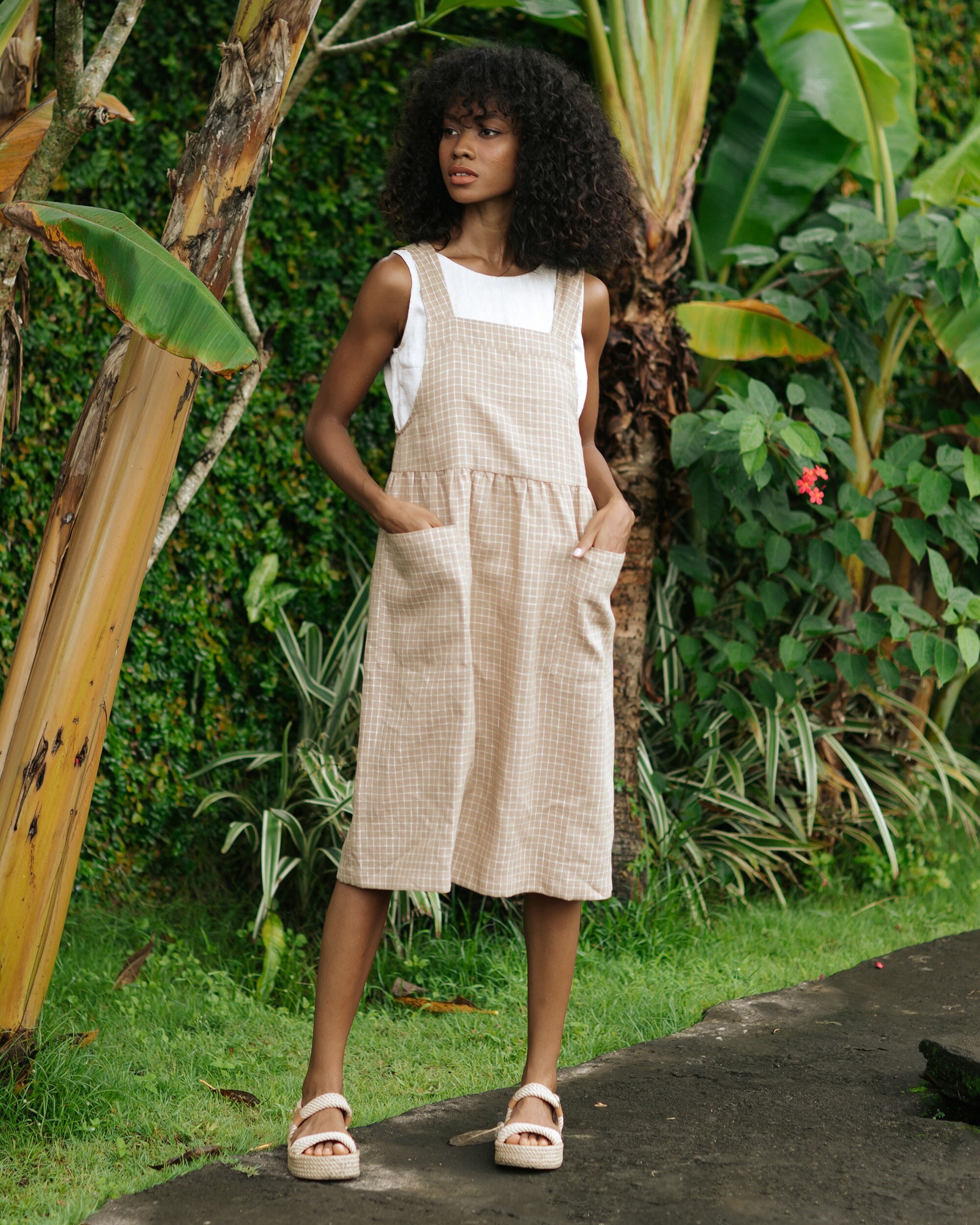 brown check pinafore dress Acorn Plaid Midi Pinafore Dress (Brown)
