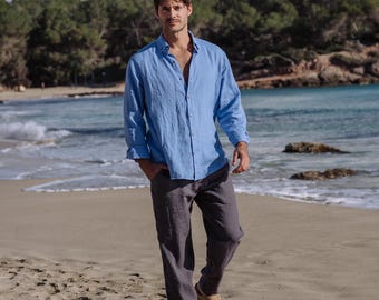 Pantaloni da uomo in lino – Pantaloni in lino leggeri e comodi con coulisse in vita – Pantaloni traspiranti color antracite BREMER