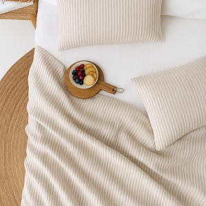 Natural Striped Linen Flat Sheet – Stonewashed European Top Sheet – Natural Soft Neutral Bedding – Coastal Cottage Style – Queen King Sizes