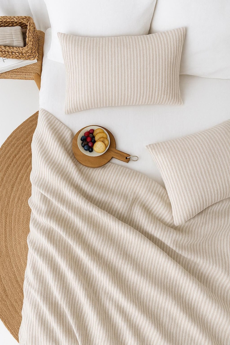 Natural Striped Linen Flat Sheet – Stonewashed European Top Sheet – Natural Soft Neutral Bedding – Coastal Cottage Style – Queen King Sizes image 1