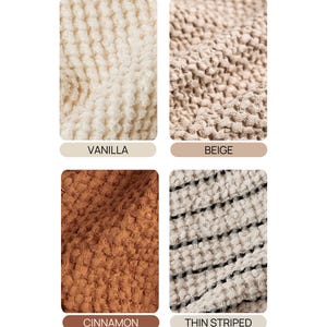 four different color options for a warm tone, including vanilla, beige, cinnamon, and thin striped. The colors may appear slightly different due to lighting and screen settings, so it is recommended to check the color options in the drop-down to confirm availability.