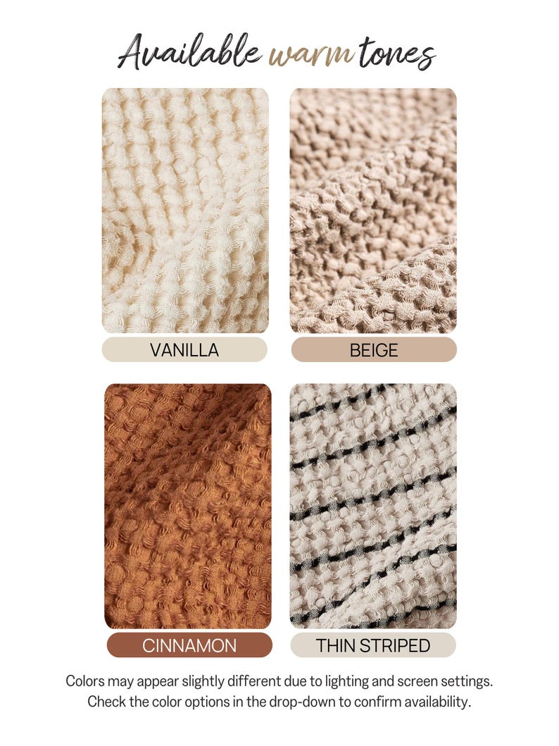 four different color options for a warm tone, including vanilla, beige, cinnamon, and thin striped. The colors may appear slightly different due to lighting and screen settings, so it is recommended to check the color options in the drop-down to confirm availability.
