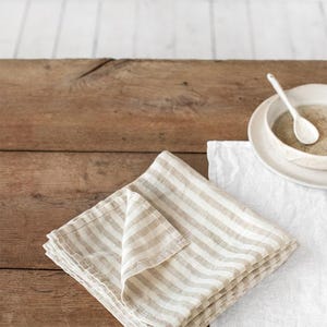 Natural Striped Linen Napkins Set of 2 – Ivory and Oatmeal Flax – Soft Washed Cloth Napkins – Neutral Striped Table Linens – Nautical Decor image 2