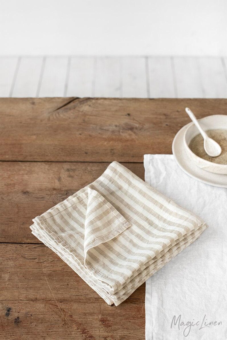 Natural Striped Linen Napkins Set of 2 – Ivory and Oatmeal Flax – Soft Washed Cloth Napkins – Neutral Striped Table Linens – Nautical Decor image 2