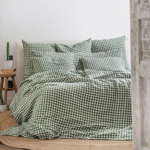 Funda nórdica de cuadros vichy verde bosque – Ropa de cama de lino lavado a la piedra – Edredón transpirable hipoalergénico – Tamaño Queen King – Lino de peso medio OEKO TEX