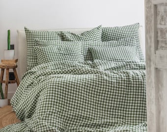 Linen duvet cover in Forest green gingham. Checkered bedding. 100% linen quilt cover. Duvet cover king queen. Comforter cover