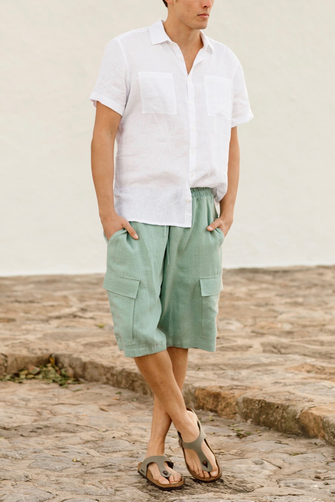Linen Cargo Shorts for Men LUGANO in Teal Blue / Drawstring Shorts ...
