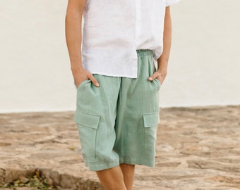 Linen cargo shorts for men LUGANO in Teal blue / Drawstring shorts / Elastic waist shorts with pockets / Linen clothing for men