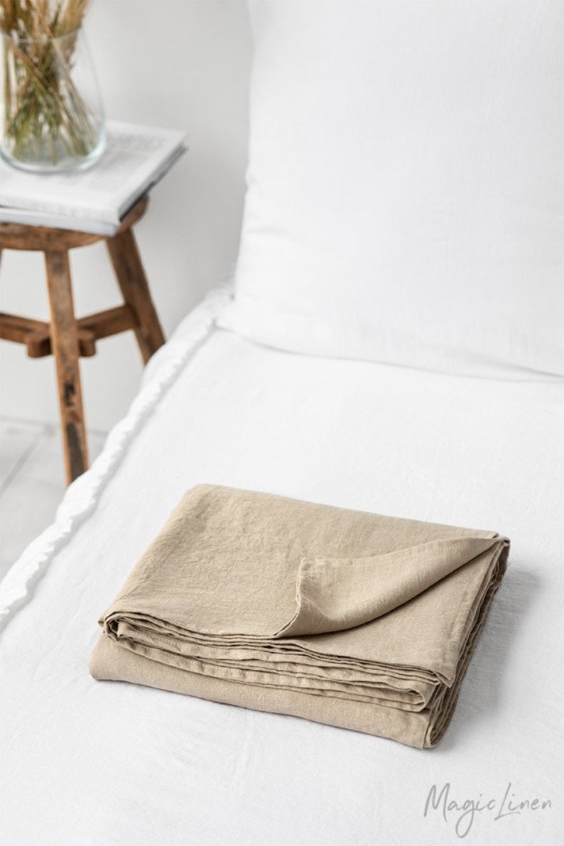 Linen sheet set in Natural Linen Oatmeal color. Fitted sheet, flat sheet, 2 pillow cases. Twin, Queen, King. image 9