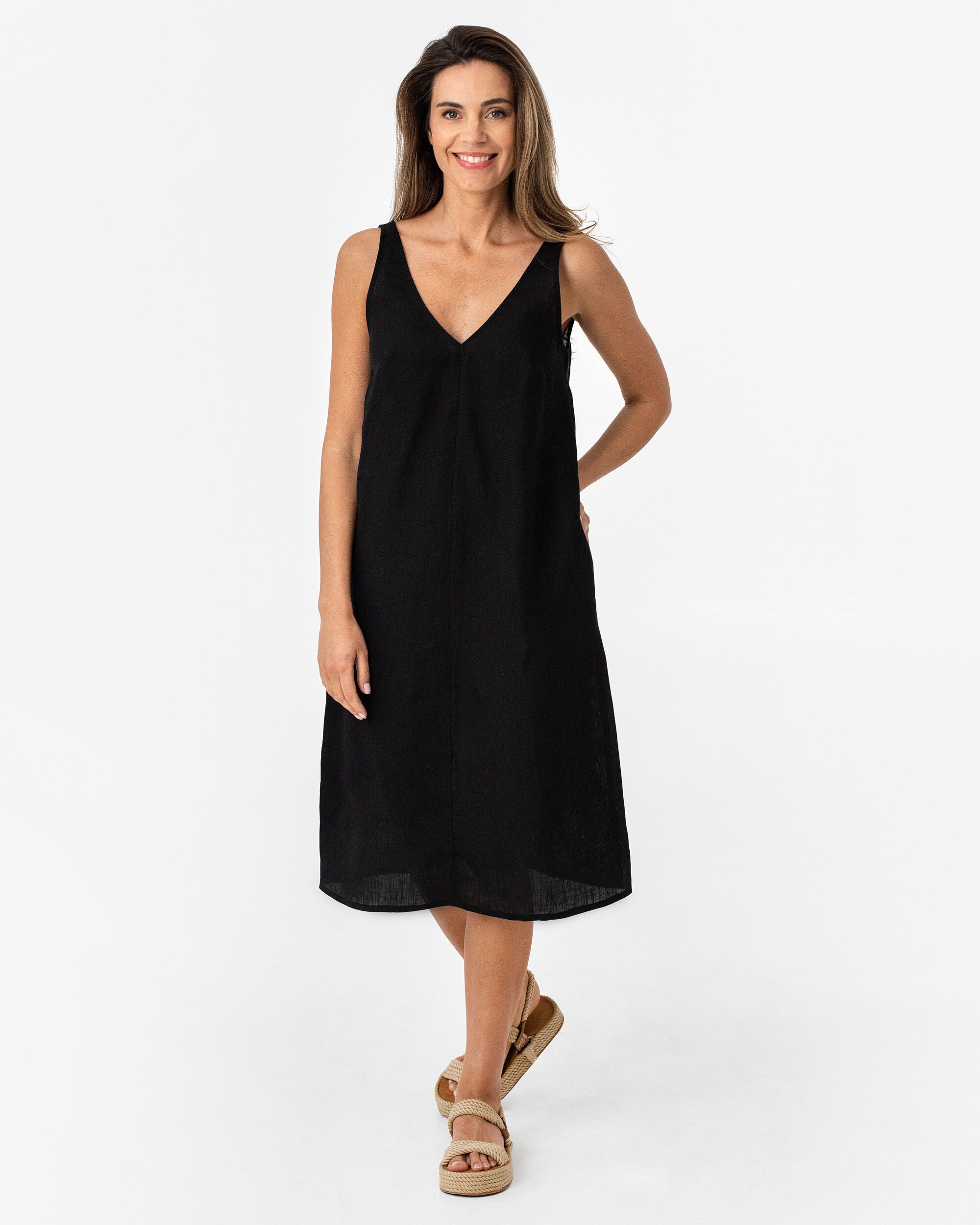 Black Linen Midi Dress - Cut Out Sleeveless Dress for Women - Elegant Boho Resort Outfit - Handmade European Flax Clothing TAHITI