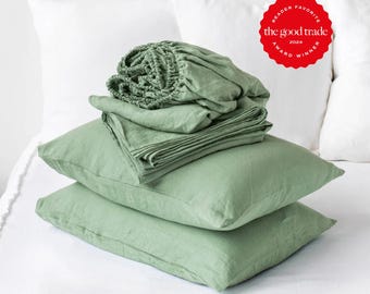 Matcha Green Linen Sheet Set – Stonewashed Coastal Farmhouse Bedding – Breathable Flat Sheet, Fitted Sheet, Pillowcases – OEKO-TEX Linen Set