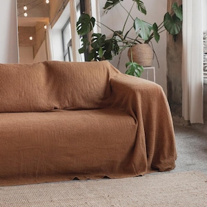 Cinnamon Waffle Linen Couch Cover – Sofa Throw – Full Coverage Washable Protector – Stonewashed Cotton Blend – Earthy Boho Living Decor