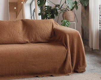 Kaneelwafel linnen bankhoes – bankkleed – wasbare beschermer volledig dekkend – stonewashed katoenmix – aards Boho Living-decor