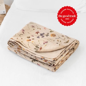 Drap plat en lin à motif botanique – Linge de lit fleuri – Drap plat doux lavé à la pierre – Drap de lit en lin style ferme – Tailles Queen et King